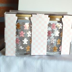 NWT Peppermint & Pine Gingerbread Set of 2 Glass Sippers with Lid and Straw